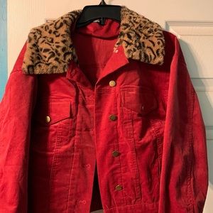 Red jacket, SHEIN, cheetah print faux collar